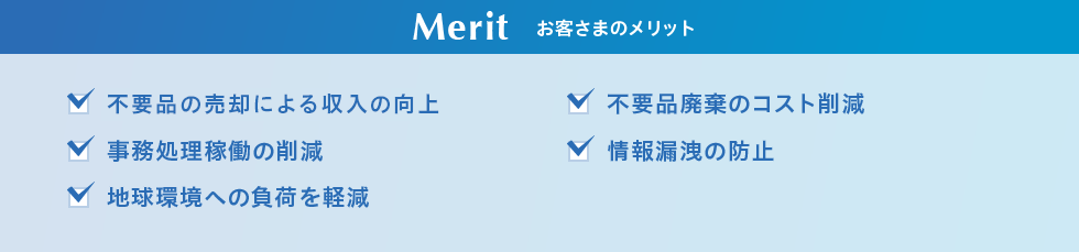 お客さまのメリット 不要品の売却による収入の向上 事務処理稼働の削減 地球環境ヘの負荷を軽減 不要品廃棄のコスト削減 情報漏洩の防止